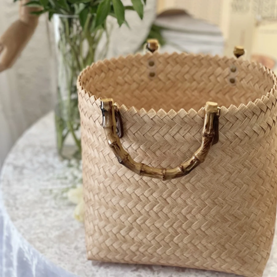 Summer New Large Capacity Rattan Handbag Female Beach Bamboo Straw Bag Retro Hand-Woven Totes Bag Holiday Travel Bolsa Femme Sac