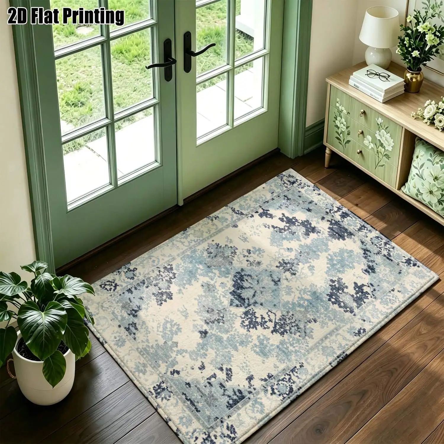 1Pc 2D Printed Carpet: Blue-Grey Retro European Pattern, Modern Minimalist Instagram-Style, Machine Washable, Multi-Size, Ideal for Home Decor Multi-Scene Use