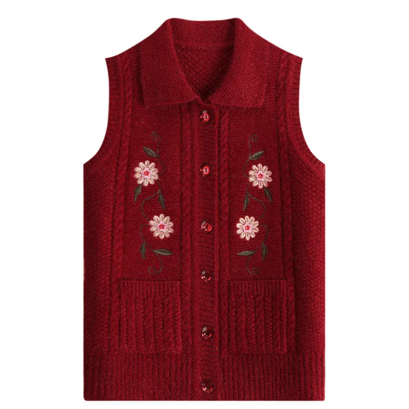 XL-4XL Vests For Women Knitting Camisole Waistcoat Autumn Winter Printed Middle Aged Mother Sweater Warm Grandma Vest Jacket