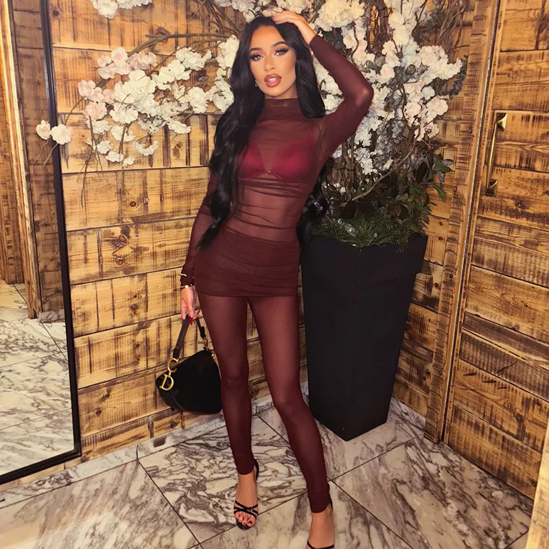 

2025 Spring Sexy Spicy Girls Mesh Sheer Slim 2 Piece Set Women Turtleneck Full Sleeve Dress High Waist Pencil Pants Club Outfit