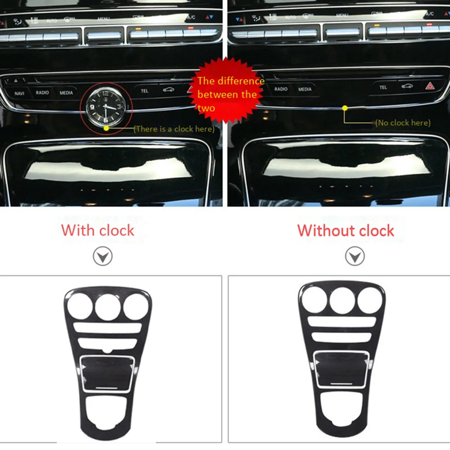 إطار حامل الكأس لمرسيدس بنز W205 C Class C180 C200 C300 GLC وملصق لوحة وحدة التحكم المركزية للسيارة (بدون ساعة)