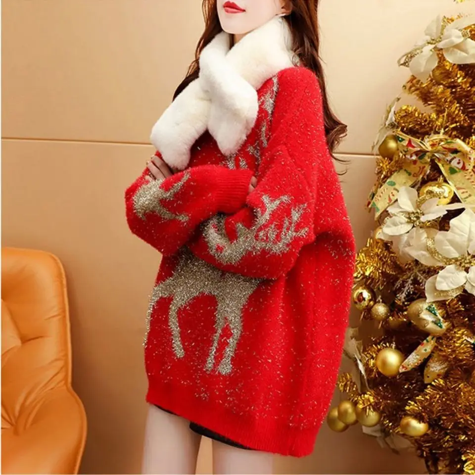 Winter Christmas Sweater Knit Coats Plus Size Sweater Pullover Korean Fashion Loose Designer Long Sleeve Top New