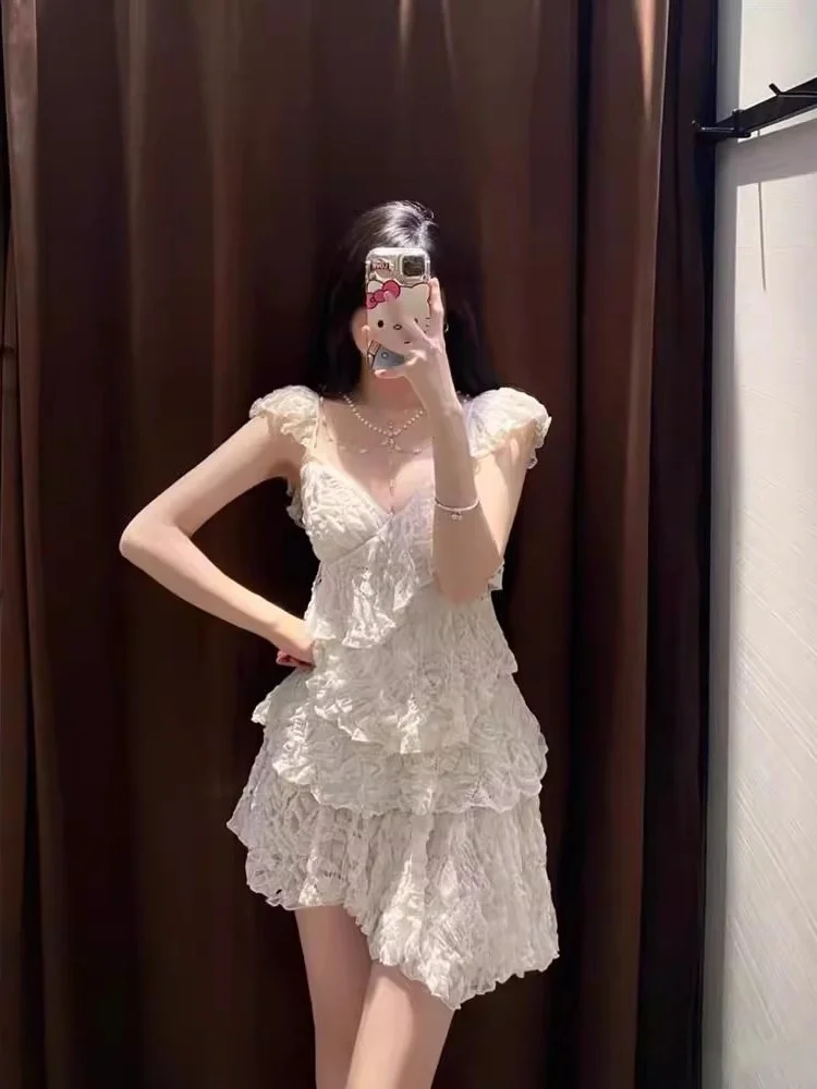 Verão 2025 Nova Faion Lace Em Camadas Decoração Strap Dr Feminino 229890 72 Doce Cintura Alta Fly Sve Poliéster Bolo Sk...