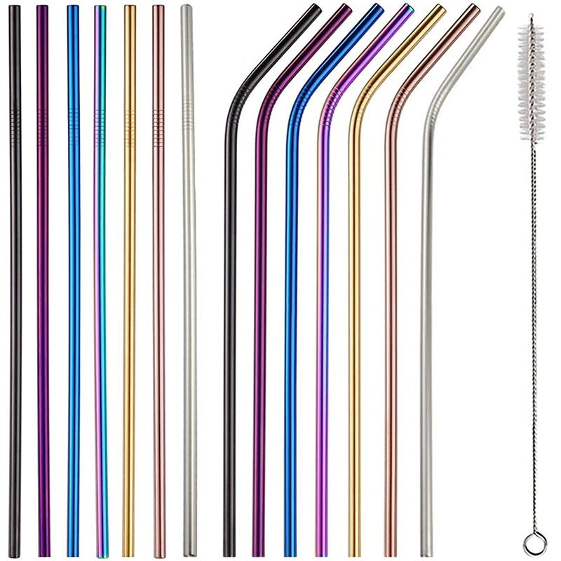 Colorful Stainless Steel Drinking Straws Straight and Bent Reusable Filter with Brush DIY Tea Coffee Tools Party Bar Accessories