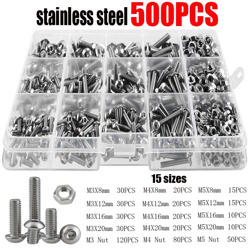 

500/440Pcs M2 M3 M4 M5 Hex Hexagon Socket Screw Set Stainless Steel Flat Round Cap Head Screw Kit Bolts and Nuts Allen bolts Set