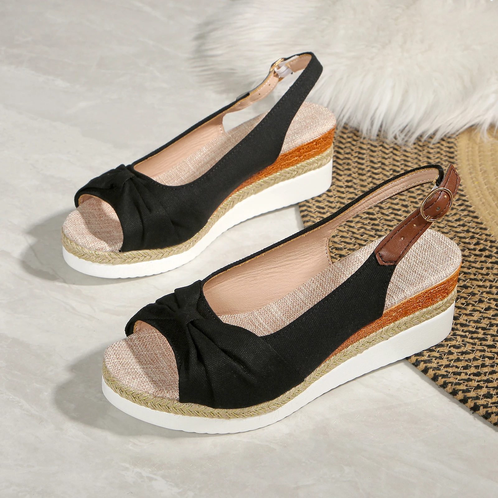 

Женские сандалии на танкетке с открытым носком, эспадрильи на платформе с ремешком сзади, повседневная летняя обувь