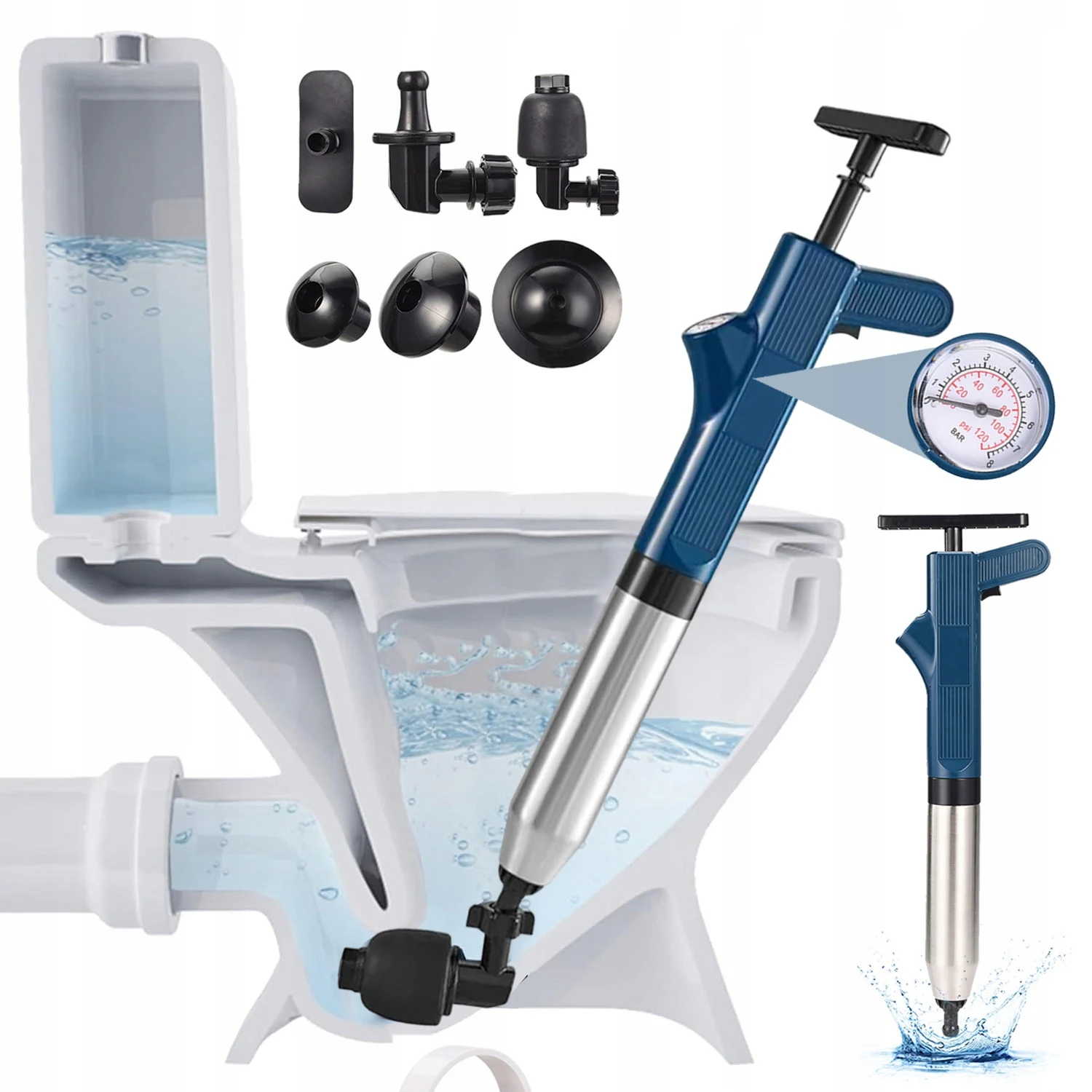 Déboucheur de toilettes haute pression avec manomètre, outil de dragage de tuyaux en acier inoxydable pour les blocages de toilettes, éviers et égouts