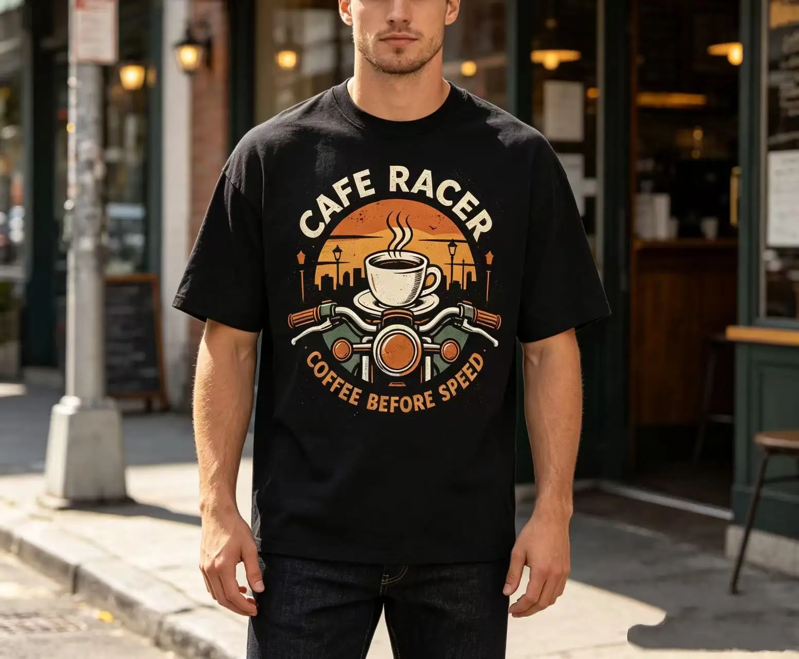 Unisex Cafe Racer Coffee Before Speed Retro Motorcycle Coffee Cup City Skyline Graphic T Shirt Men Women Biker Lover Print Oversized Tee