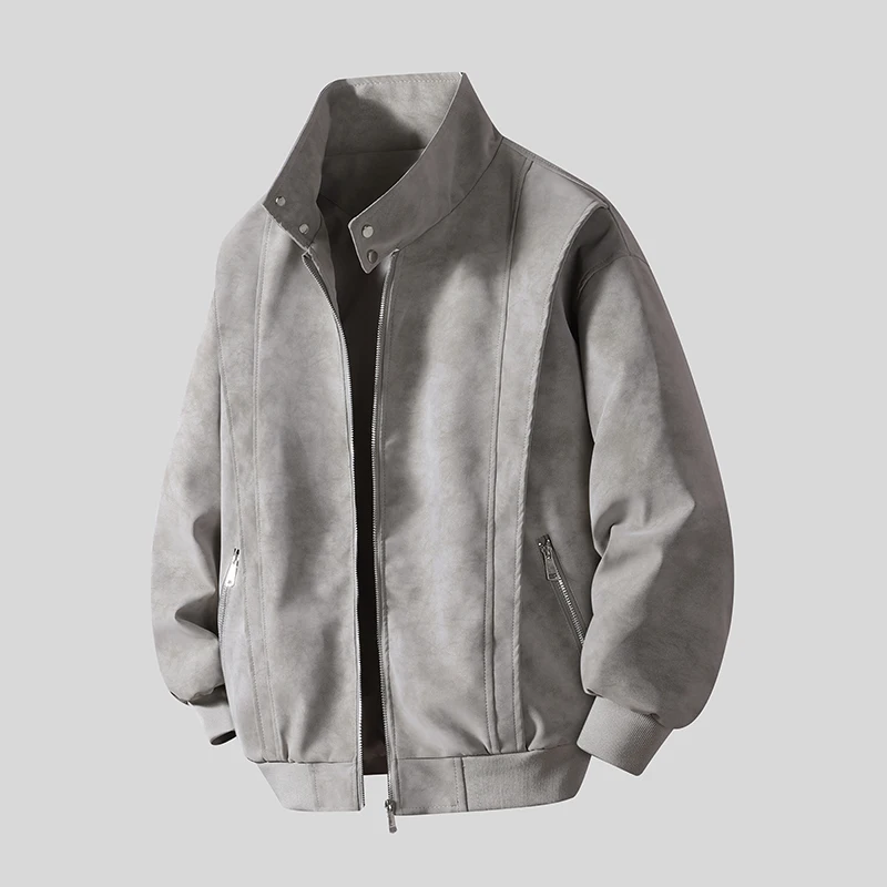 2026 New Men Stand Collar Faux Suede Jacket Loose Version Zip Pockets Vintage Casual Street Style Male Outer Coat