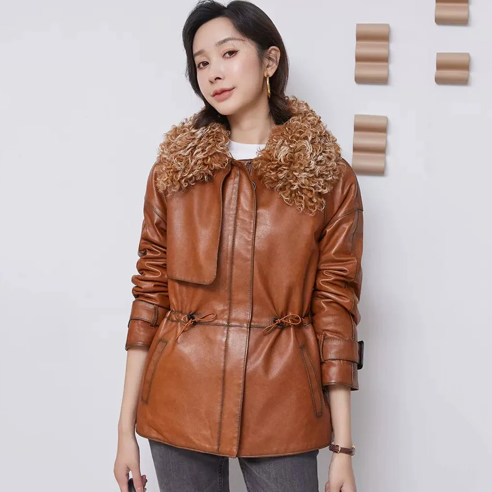 Genuine New Leather Women Down Jacket Autumn Winter Fashion Casual Wool Turn-down Collar Sheepskin Coat Loose Outerwear Female