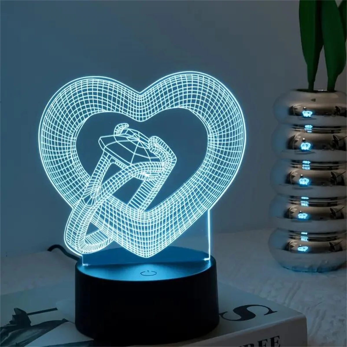 1pc Love Diamond Ring  3D Night Light, 3D Optical Illusion Lamp With Touch, 7-Color Changing Ambient Light For Bedroom