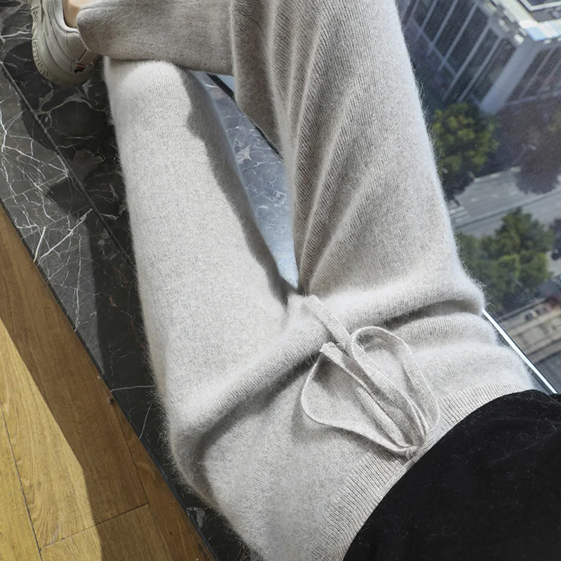 أنيقة الخريف والشتاء 100% الكشمير السراويل عالية الخصر أسلوب بسيط الكشمير تريكو مكتب سيدة مرونة الخصر بنطلون #1