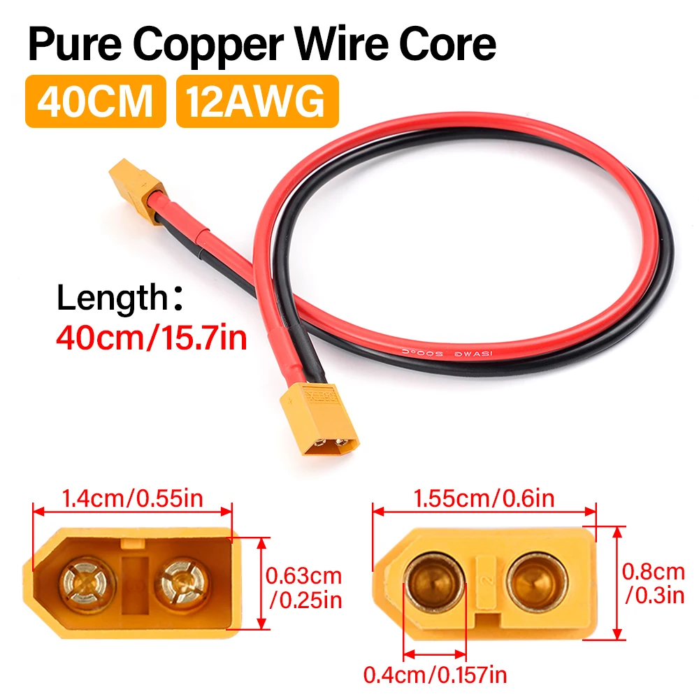 Conector adaptador de enchufe hembra XT60 a conector macho Cable de batería 14AWG Cable de cobre estañado de silicona 40/60cm