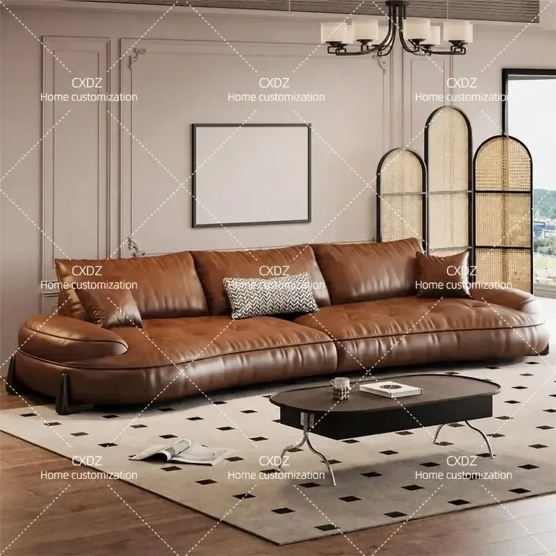 Italian Minimalist Curved Leather Sofa Retro First Layer Cowhide Living Room Modern Simple Sofa Combination