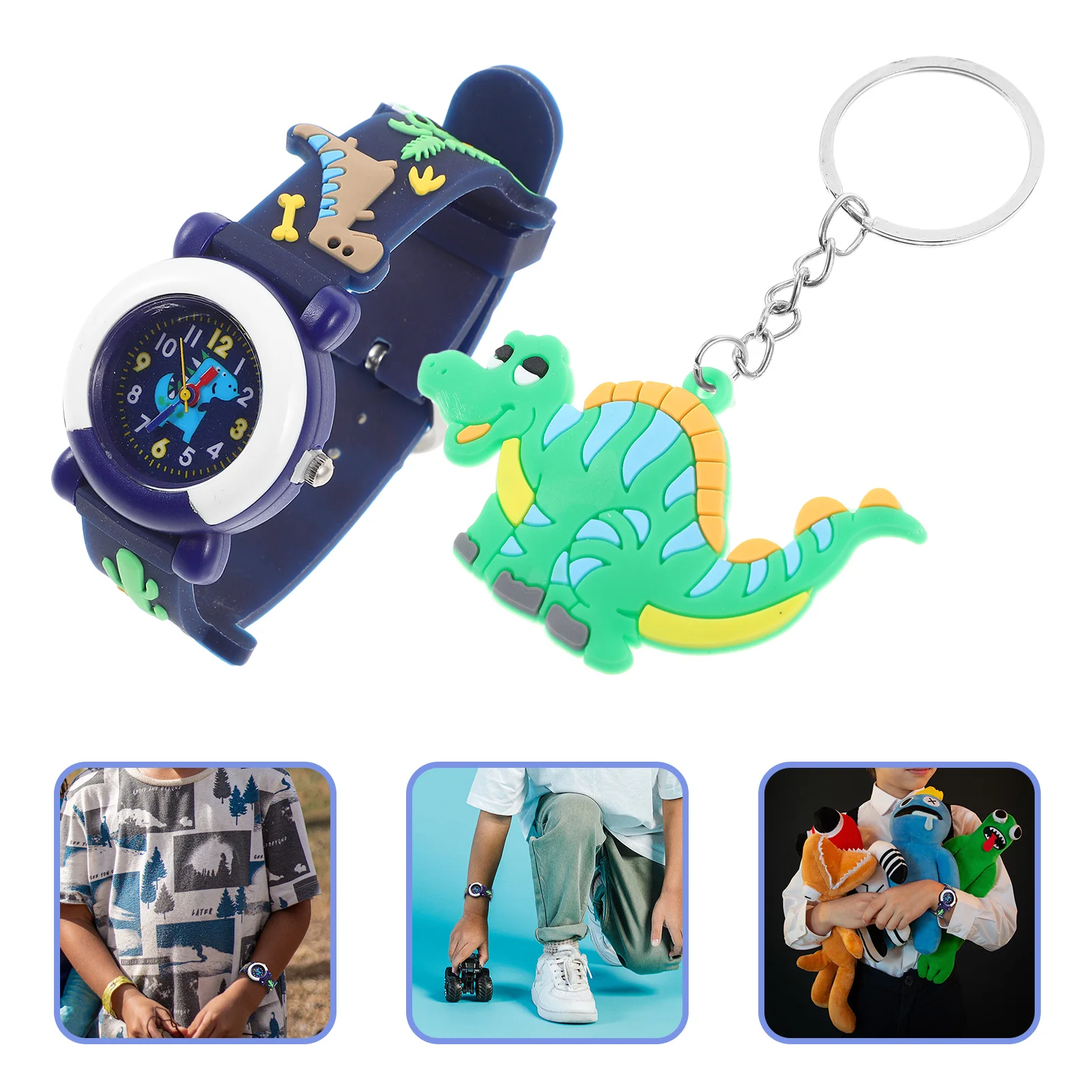 ساعة لطيفة بتصميم ديناصور كرتوني محمولة خفيفة الوزن وآمنة ومريحة للصغار مع سلسلة مفاتيح