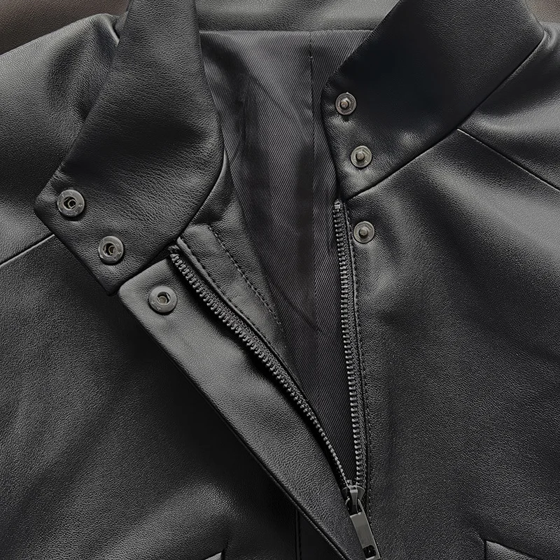 Lederjacke mit Stehkragen ~ Reißverschluss, umweltfreundliche Leder-Fliegerjacke, gerade Röhre, winddichte Lederjacke
