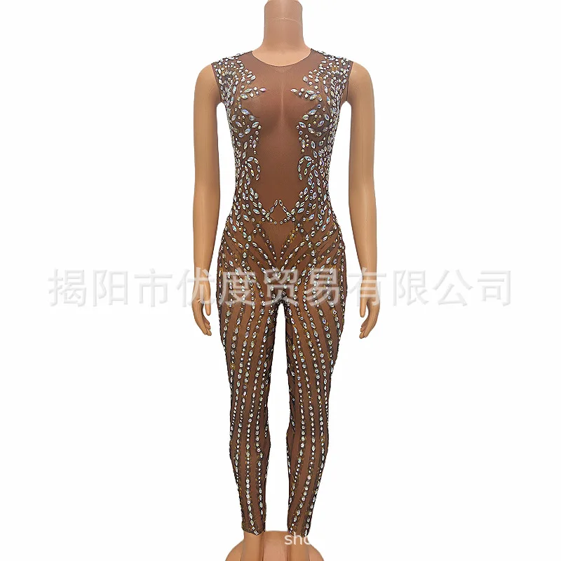 DJ Reception Glam Skinny Slender Perspective Mesh Shiny Birthday Dress Party Night Jumpsuit Mallow Vestidos Para Festas Luxuosas