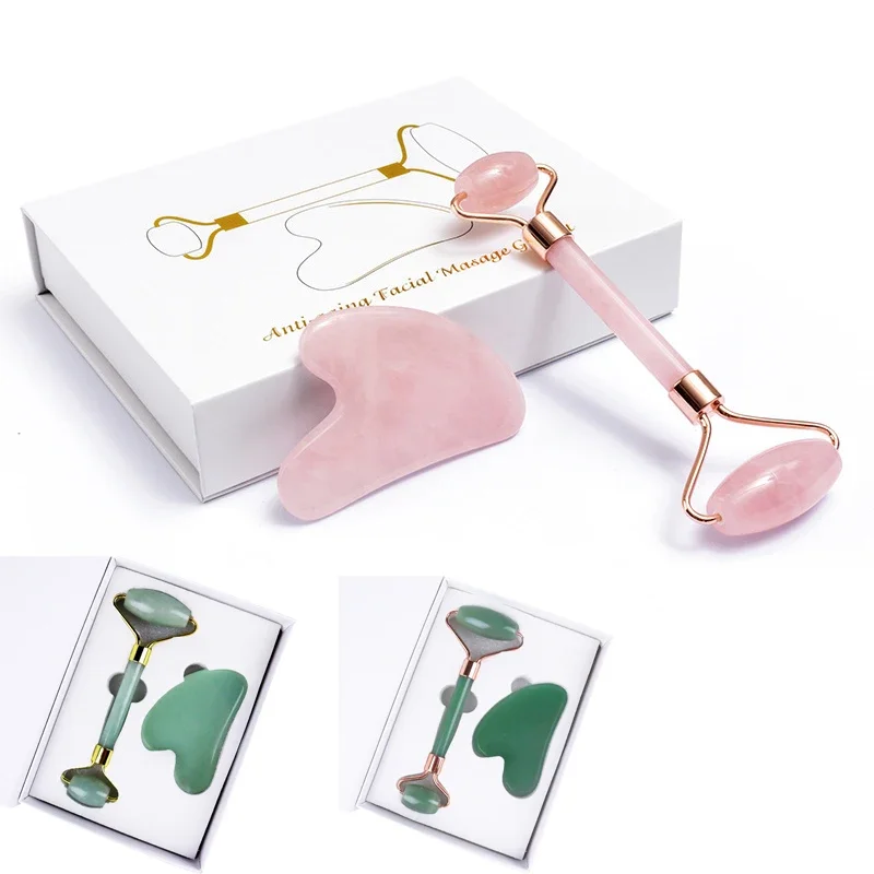 ชุดลูกกลิ้งหยกและกัวซา เครื่องนวดหน้า โรสควอตซ์ธรรมชาติ ลูกกลิ้งหยกแท้และกัวซา เครื่องมือนวดยกกระชับใบหน้า