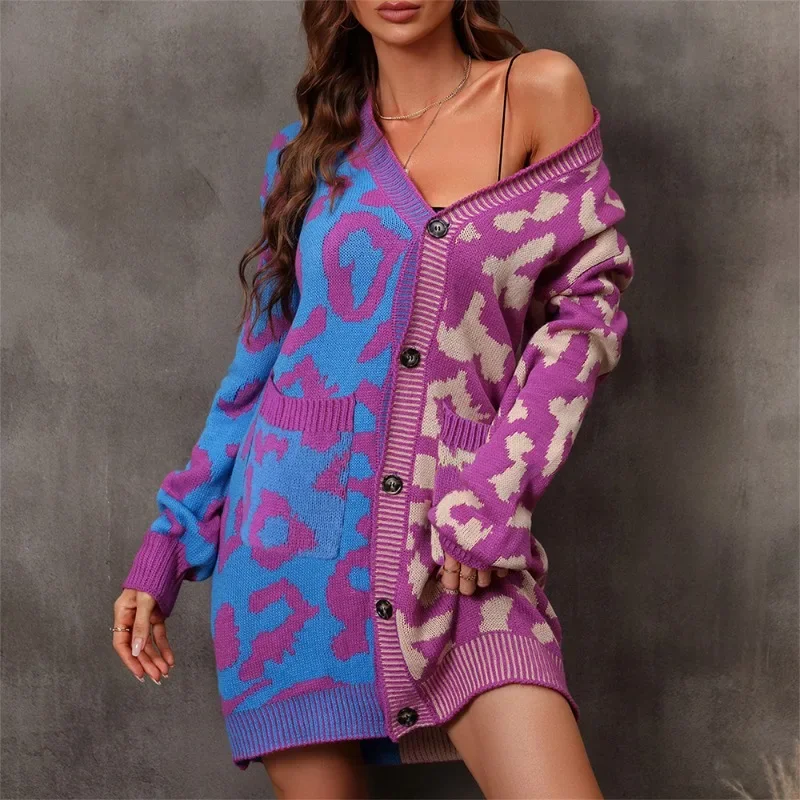 Casual Loose Long Cardigans for Autumn/Winter Women's Coats Single breasted and pocket Leopard Print Panel Sweater Knit Cardigan