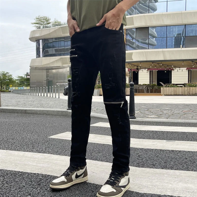Y2K fashion men's jeans stretch slim fit patchwork designer bicycle black jeans men's zipper designer hip-hop denim punk pant