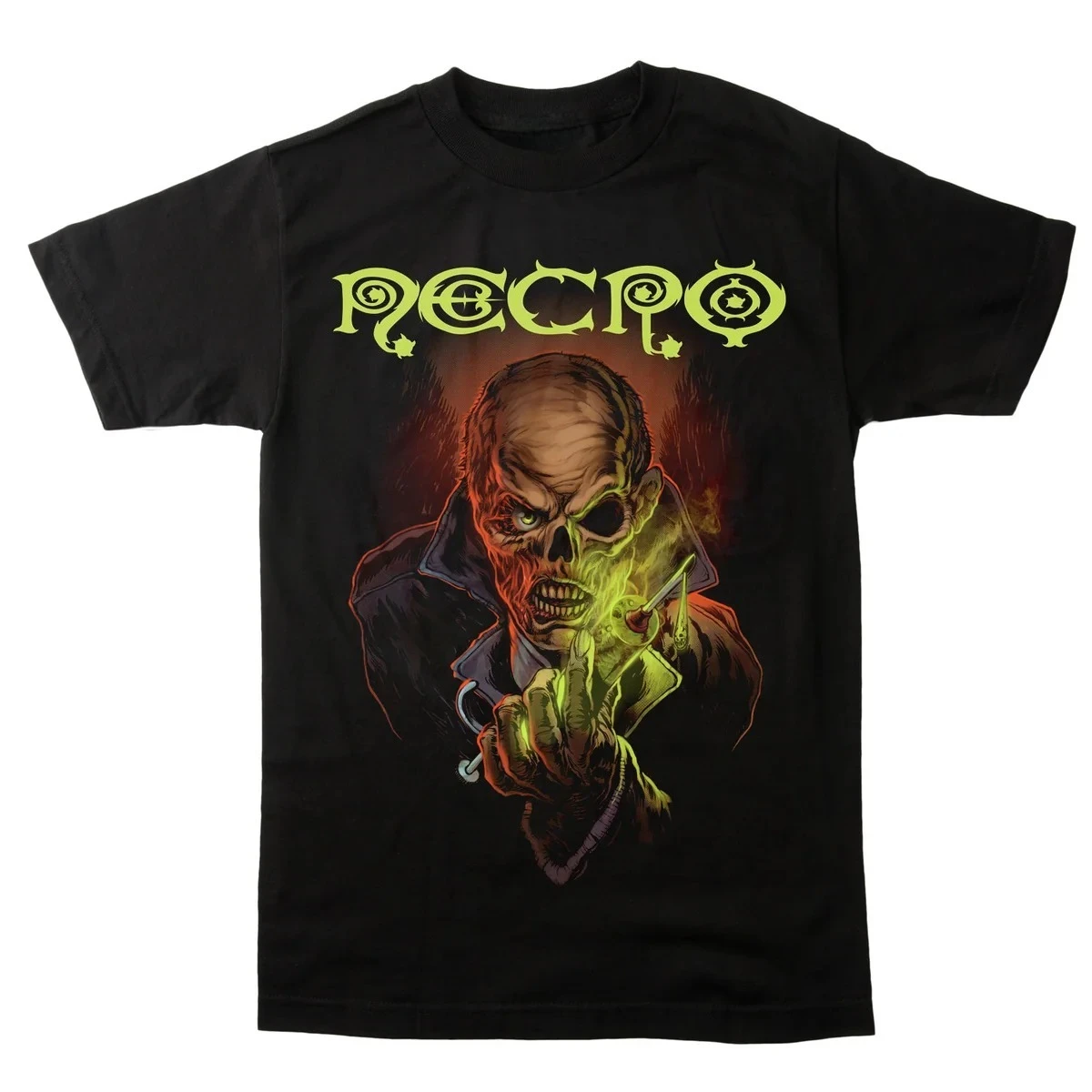 Necro Pop Ya Head Off T‑Shirt, Features Retro Ghetto Hip Hop Graphic with Masked Figure Shooting Gun Splatter Blood Art