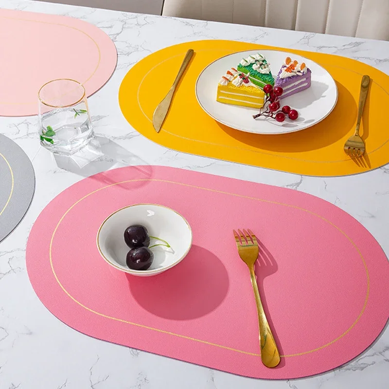 Nordic Style Dual Color Contrast Oval Leather Placemat Hotel Home Waterproof Oil Proof Thermal Insulation Dining Table Decor Mat