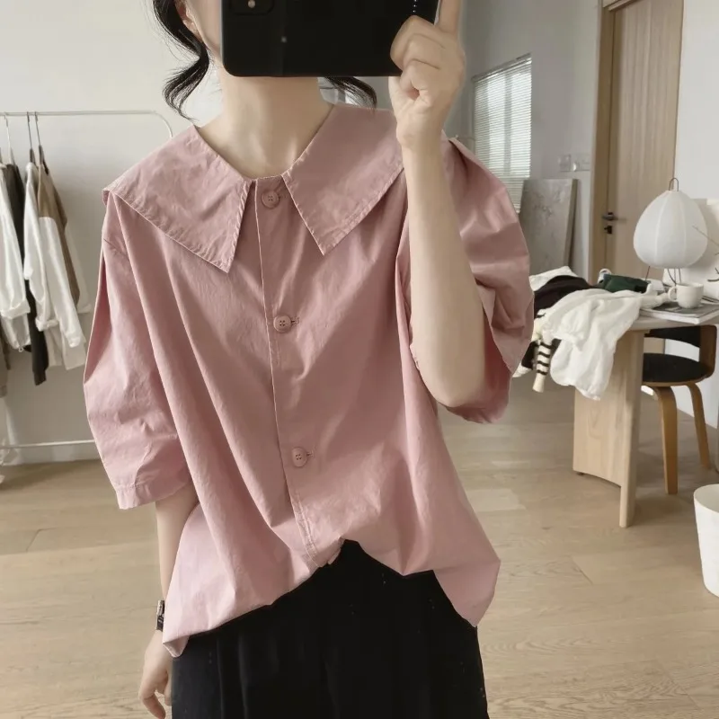 

Женская блузка оверсайз с воротником Питер Пэн, пышными рукавами до локтя, свободного кроя, однотонная, повседневная рубашка