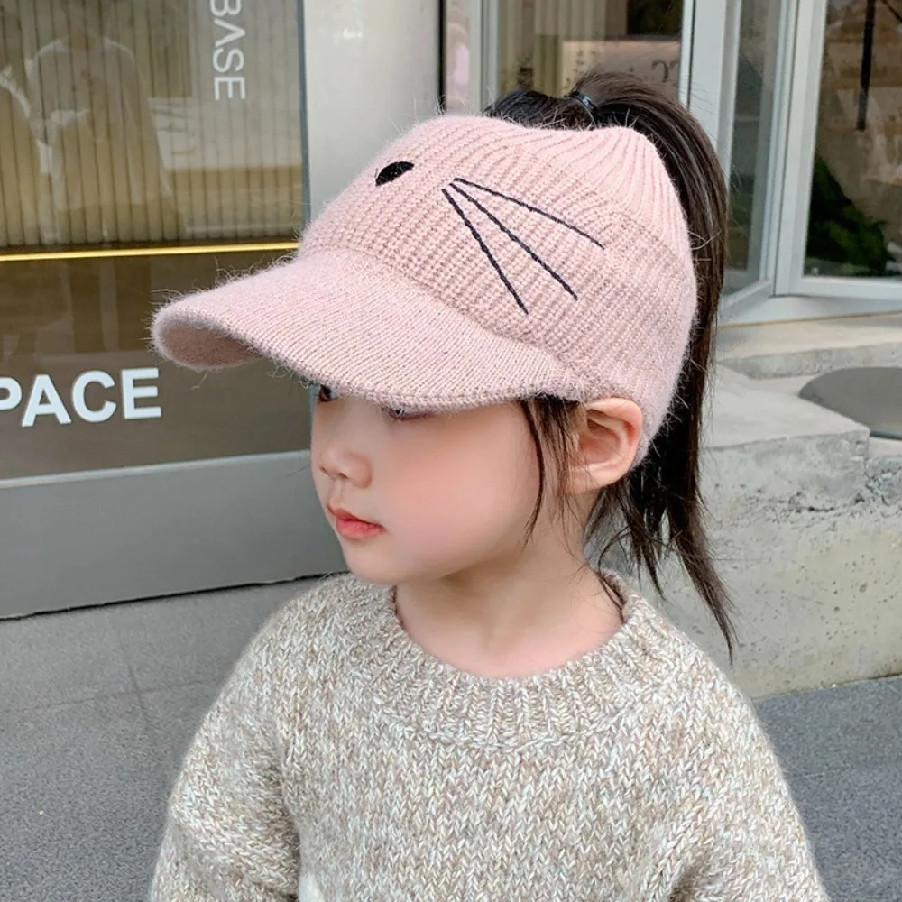 

Милая однотонная осенне-зимняя шапка с милыми животными и котом, сохраняющая тепло, вязаная бейсболка с пустым верхом, эластичные наушники, детская кепка