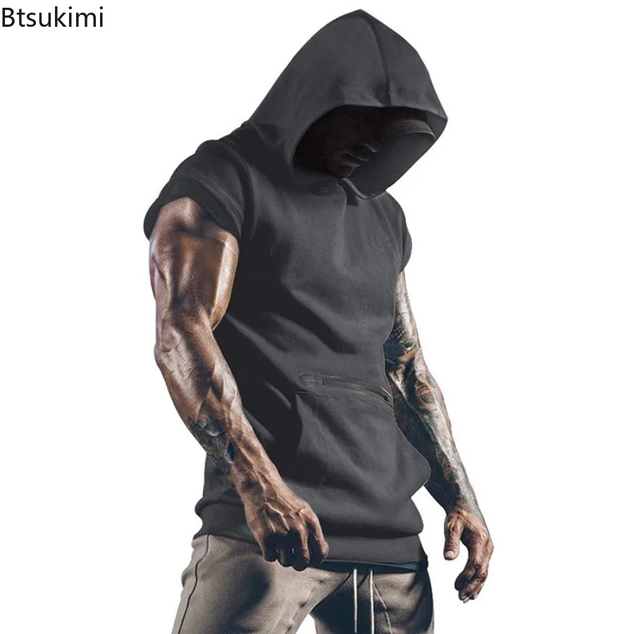 2024 New Men's Sport Gym Fitness Hoodies Fashion Front Pocket Zip Design Patchwork Short Sleeve Sweatshirts Men Hooded Tank Tops