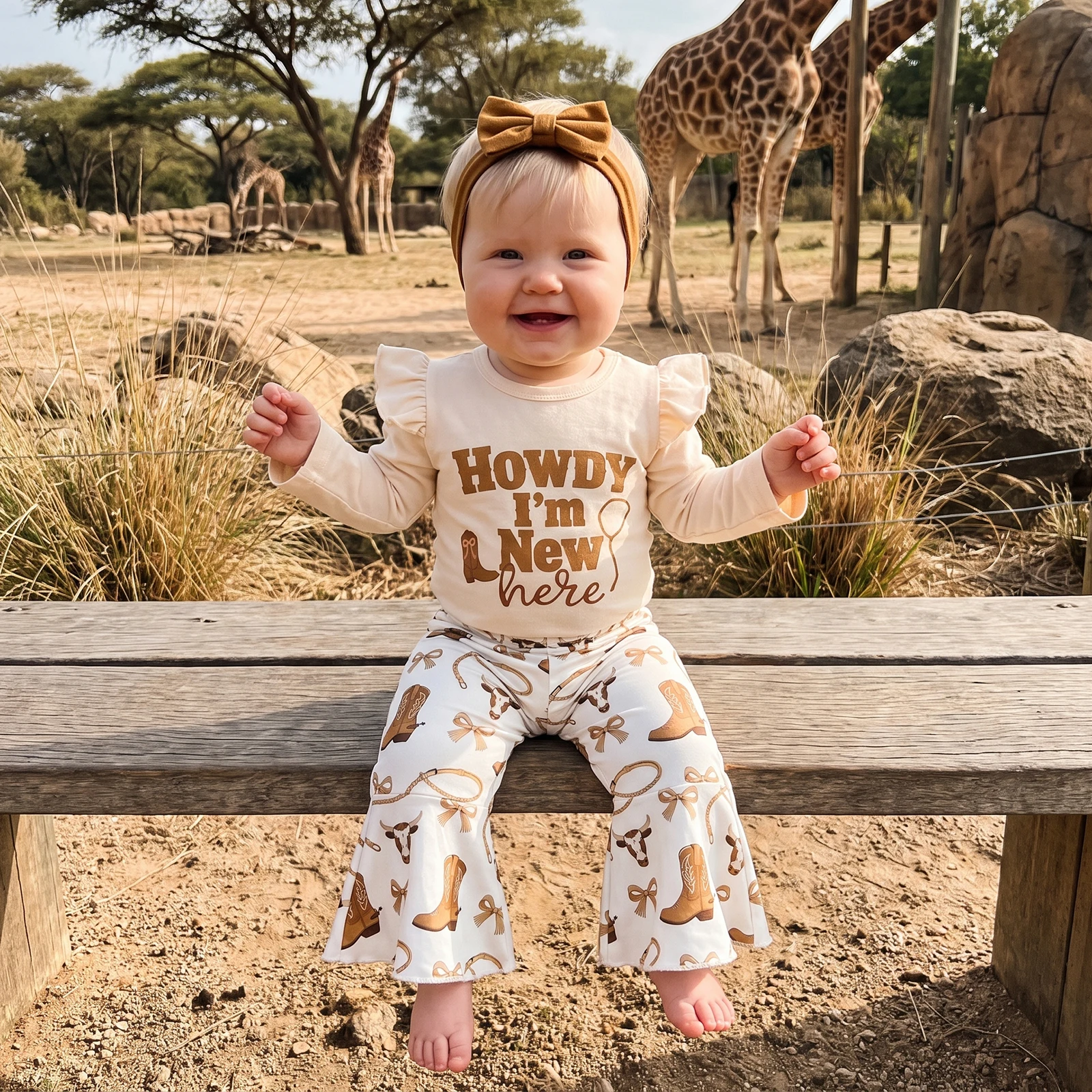 Tregren 0-12Months Newborn Infant Baby Girl Western Outfits Casual Long Sleeve Romper with Bell Bottom, Headband 3pcs Sets