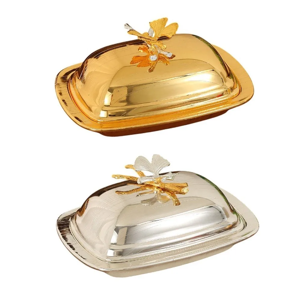 1Pc Gold Metal Butter Dish With Ginkgo Leaf Ornament Secure Lid For Elegant Table Setting Kitchen Storage Box