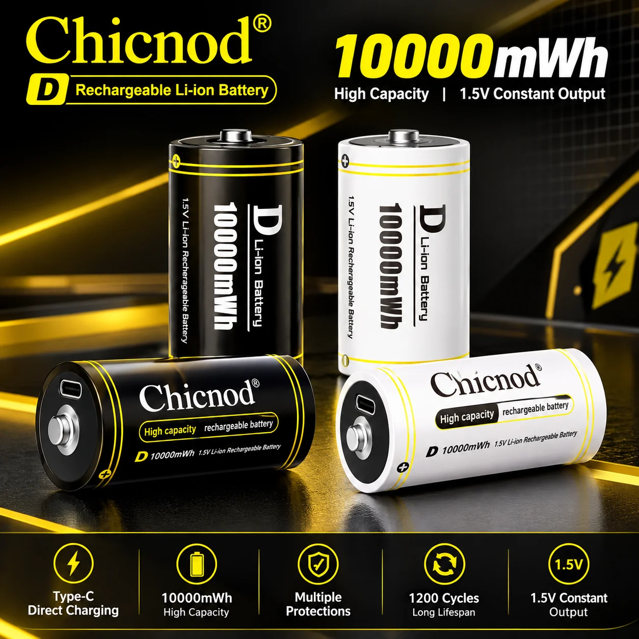 CHICNOD D Size 1.5V 10000mWh Rechargeable Li-ion Battery USB Type-C Direct Charging for Flashlights Toys and Electronic Devices