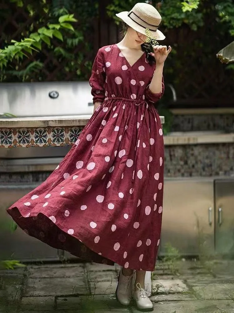 

Новое женское художественное повседневное платье Ele V-Ne с длинным рукавом из хлопка и льна, с эффектом утончения талии, весна-лето