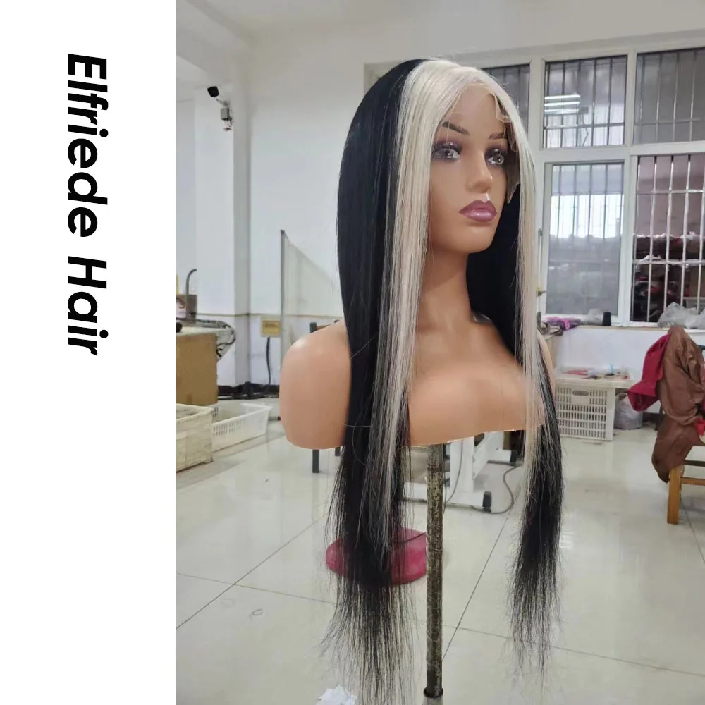 Elfriede Wig lurus #1B/60 Platinum Wig garis sigk Highlight pirang untuk wanita 4x4 13X4 13X6 HD Wig rambut manusia Frontal renda