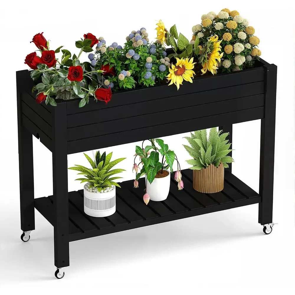 Self-Watering Resin Planter Box with Legs, 33.66 Tall, Lockable Wheels, Drainage, Gauge for Vegetables, Lowers, Storage, and Acc