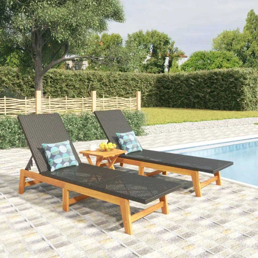 2-Piece Sun Loungers Set - Black & Brown Poly Rattan with Solid Acacia Wood