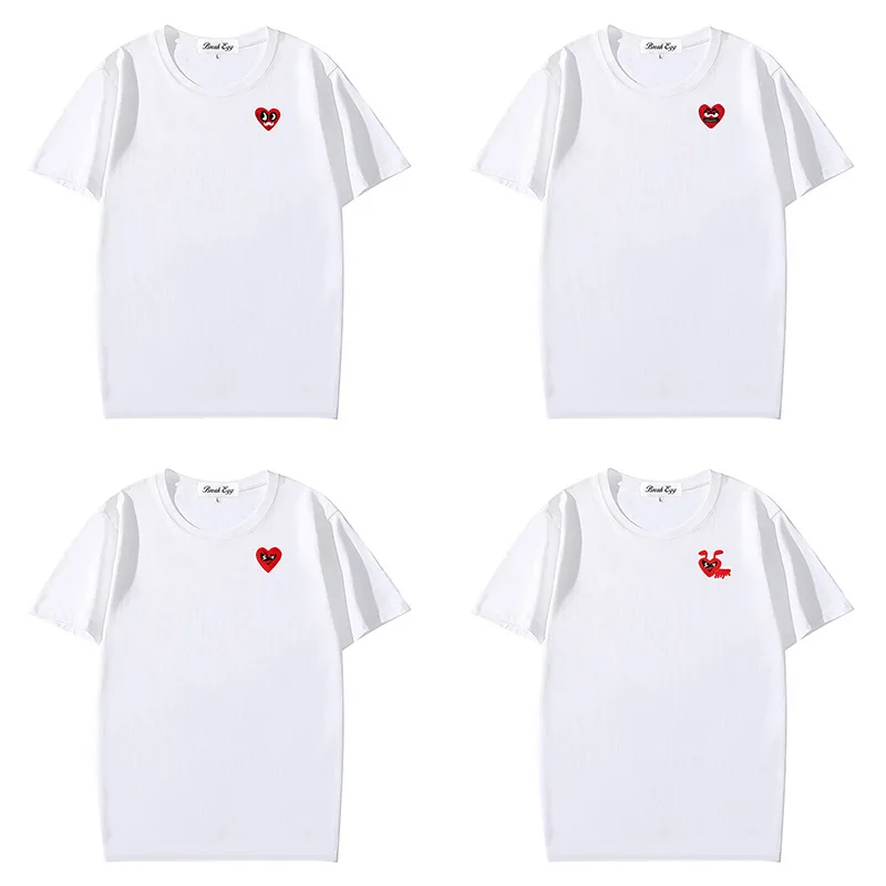Red Various Interesting Eyes Animal Heart Embroidery T-shirt Women Men Cotton O-neck Short-sleeved Straight Summer Solid T-shirt