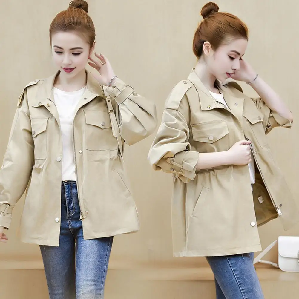 

Women Jacket with Drawstring Waist Stylish Women's Mid-length Jacket with Stand-up Collar Zipper Closure Chest for Outdoor