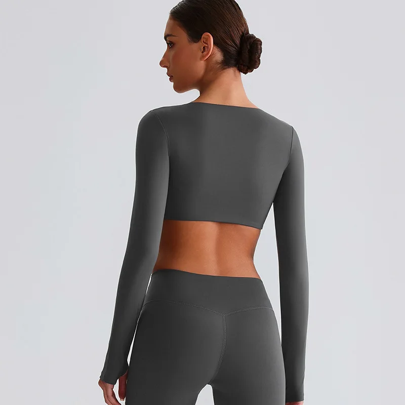 Solid Color Front knot Long Fitness Long Sleeve Yoga Shirt T -Shirt Cropped Top Quick Drying Loose Breathable Blouse With chest