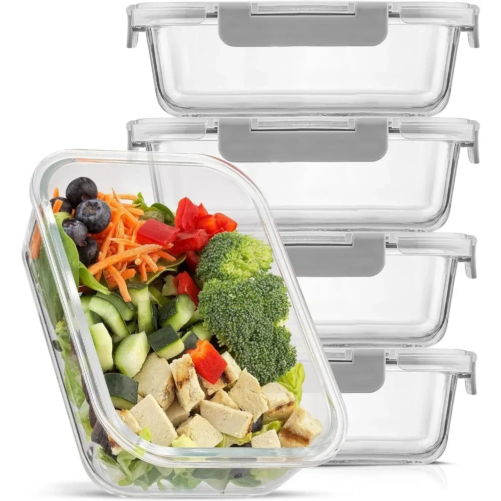 y Glass Food Storage Containers with Lids. 5 Pack Glass Meal Prep Containers Reusable 35oz Single Compartment Airtight