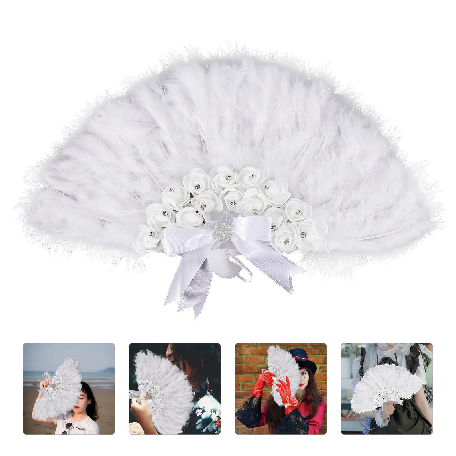 Folding Hand Fan Wedding Party Bridal Dance Halloween Christmas New Year Feather Plume Accessory