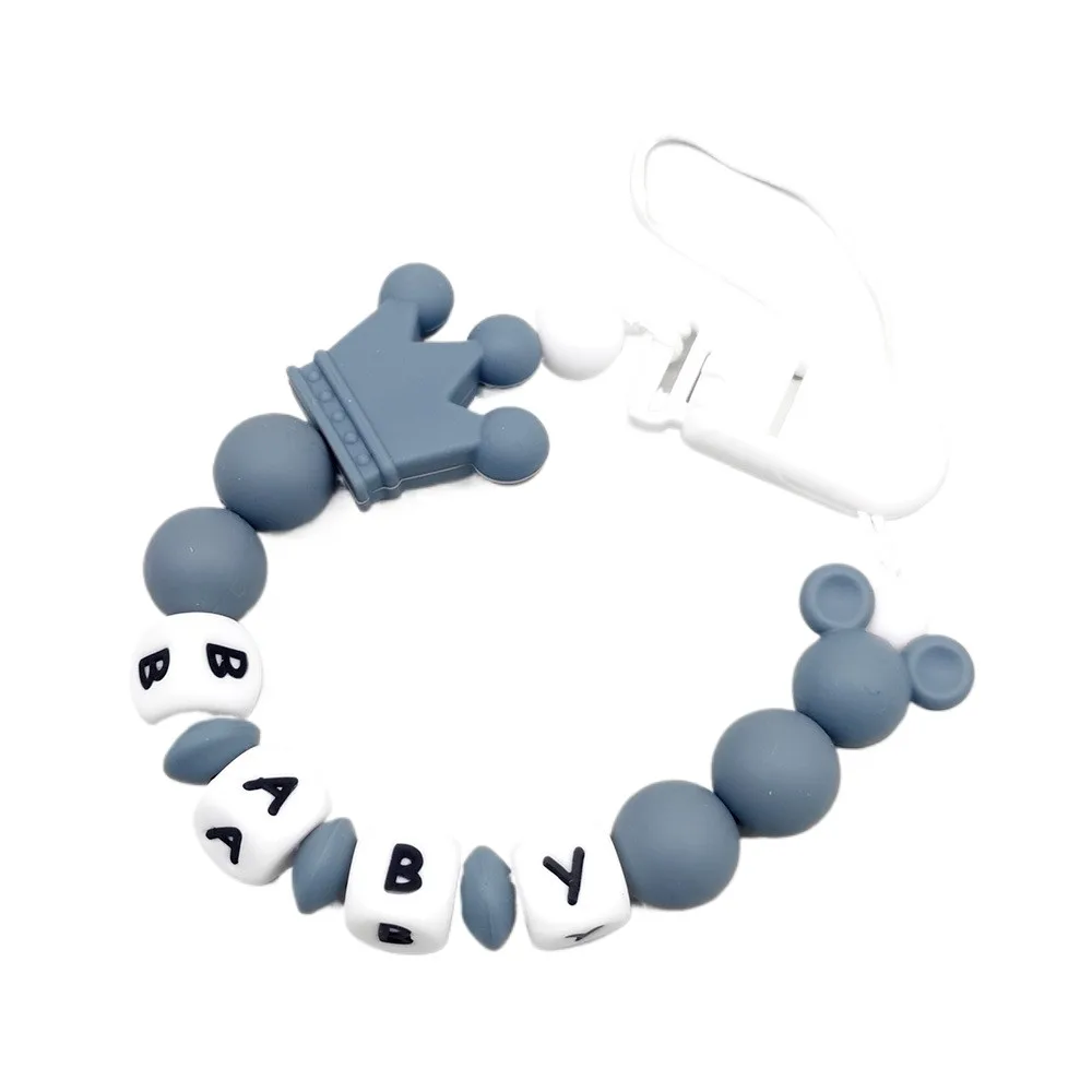 

Customized Name Baby Pacifier Clips Chain Anti - Lost Baby Pacifier Holder Gray Mouse, Silicone Alphabet Bead Design