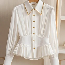 French Hepburn Style Niche Light Luxury High-end Feeling Pleated Polo Collar White Shirt Autumn Wear Ins Waist Casual Shirts