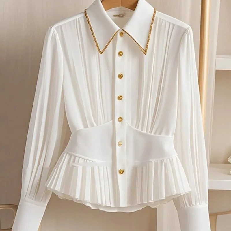 French Hepburn Style Niche Light Luxury High-end Feeling Pleated Polo Collar White Shirt Autumn Wear Ins Waist Casual Shirts