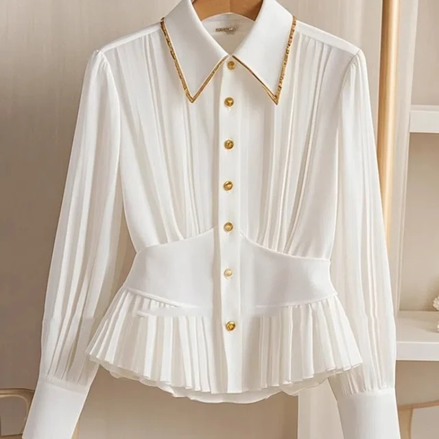 French Hepburn Style Niche Light Luxury High-end Feeling Pleated Polo Collar White Shirt Autumn Wear Ins Waist Casual Shirts
