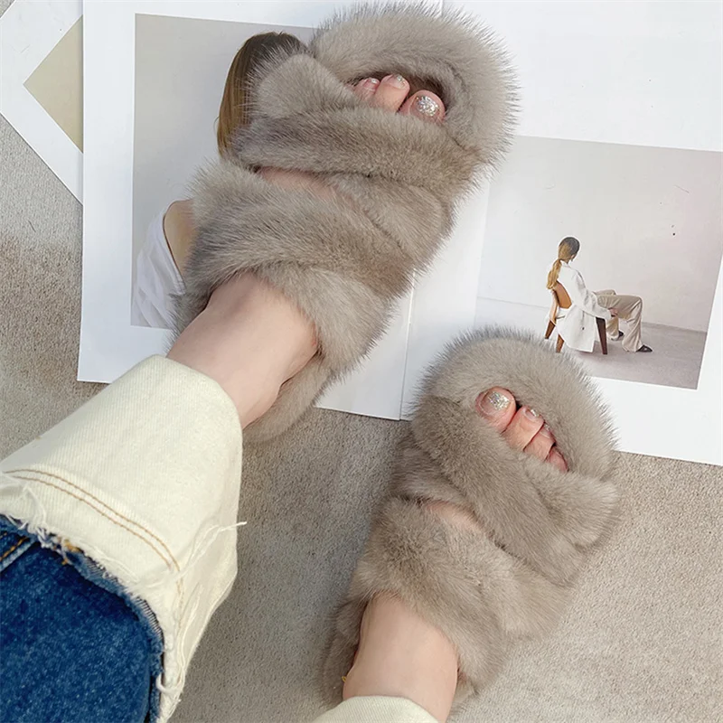 Autumn Net Red Plush Slippers Women's Home Lazy People Wear One Word Slippers Thick Bottom Indoor Non-slip Cotton Slippers