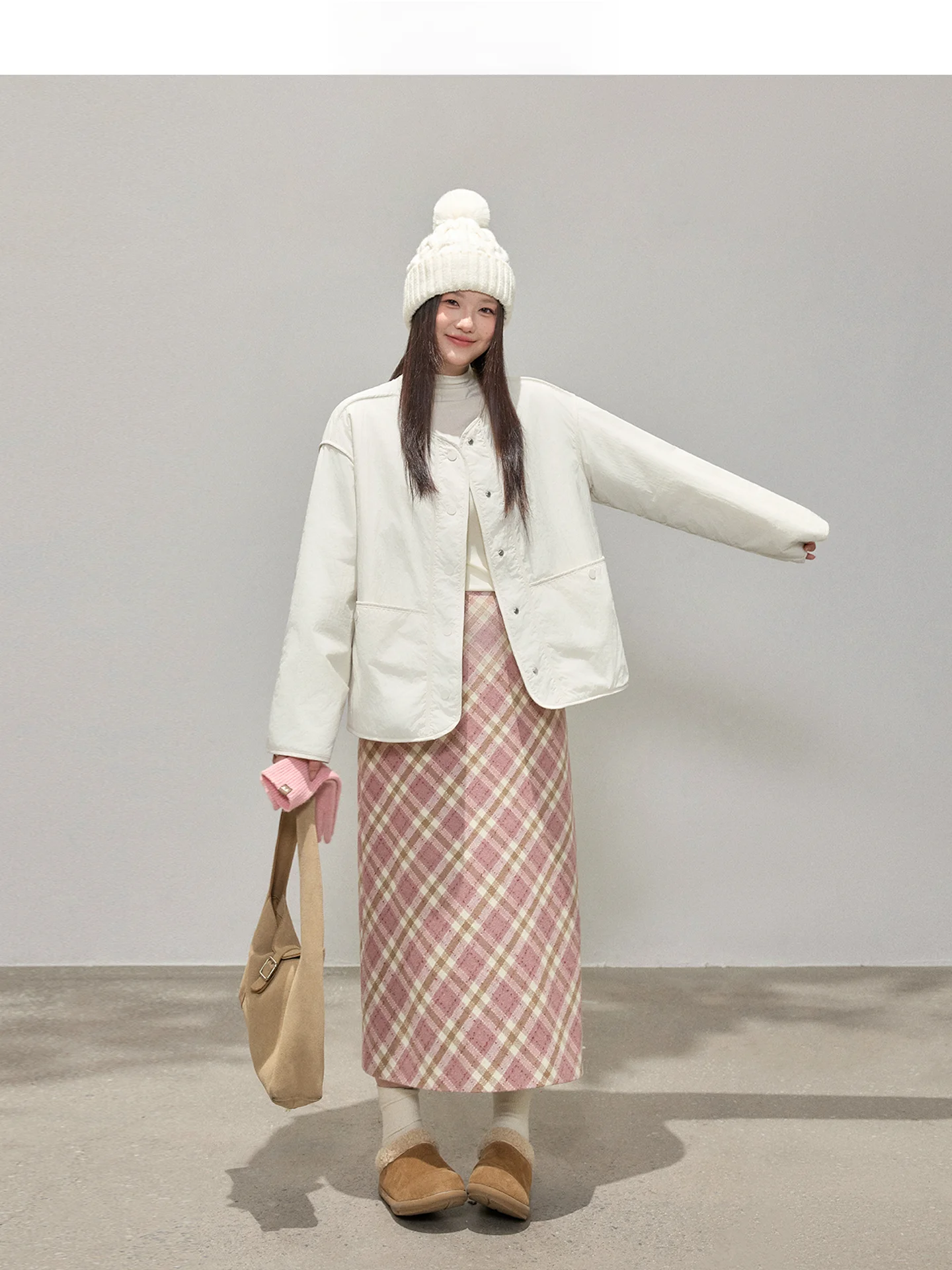 

Зимняя клетчатая юбка миди с высокой талией, женская прямая юбка, прикрывающая бедра, розовая, Asourda, простая, из полиэстера, повседневная