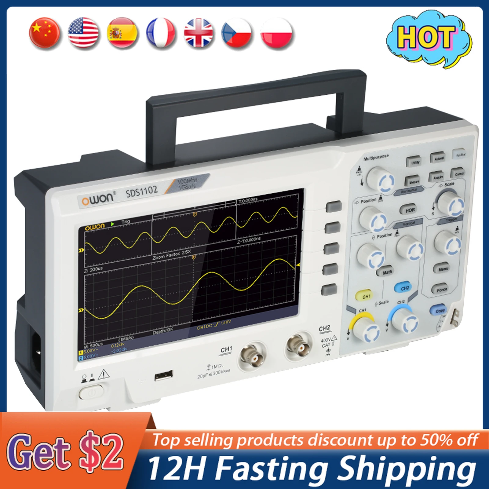 Owon SDS1102 1GS/s 8 Bits 7in Screen Osciloscopio Digital Oscilloscope 2CH 100MHZ Bandwidth High Accuracy Digital Oscilloscopes