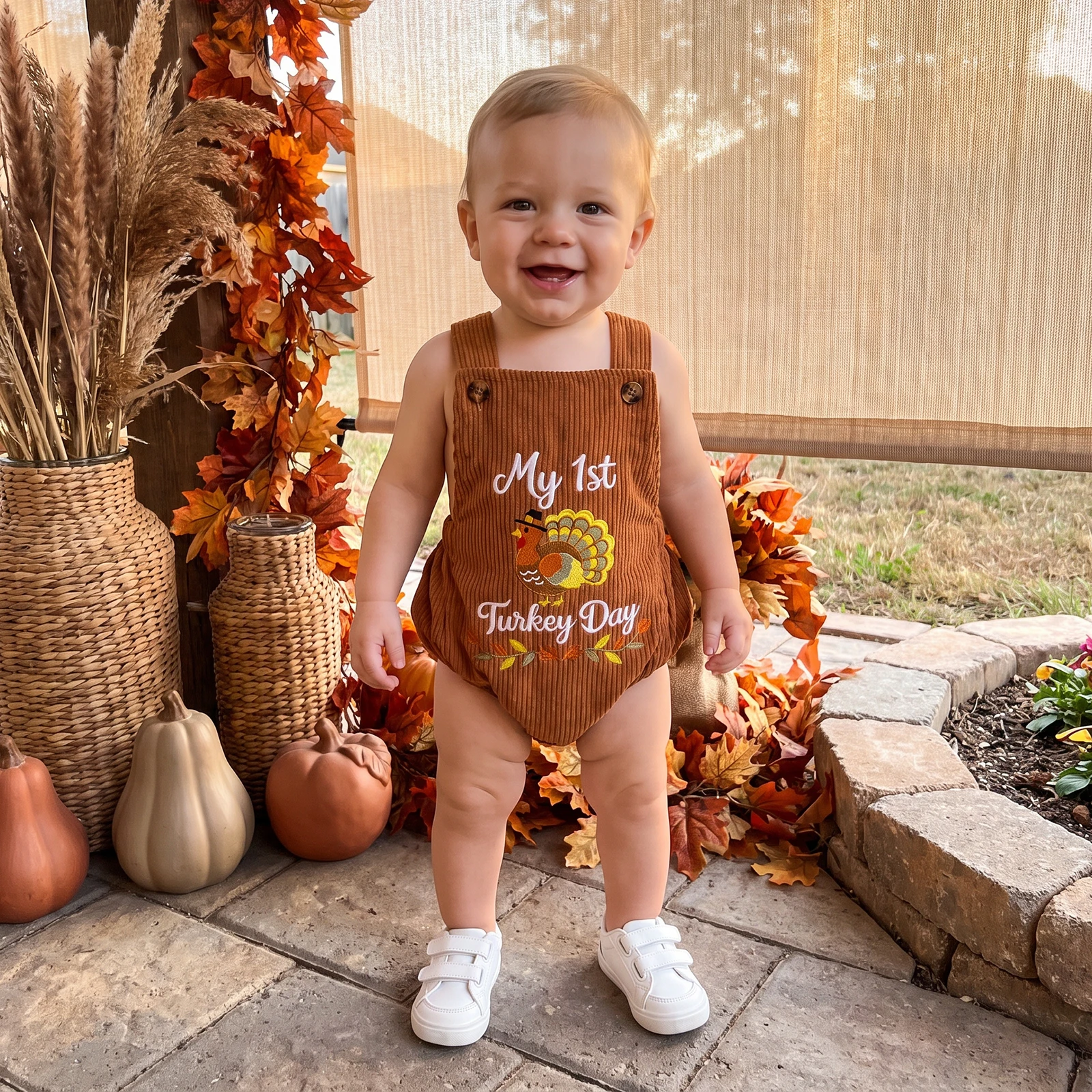Baby Thanksgiving Romper Overalls Turkey Embroidery Sleeveless Bodysuit