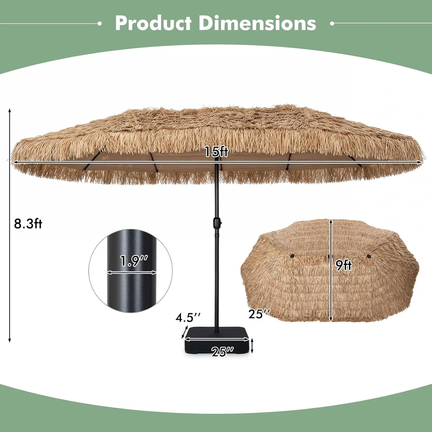 15 FT Tiki Patio Umbrella with Base Included | Hawaiian Style, PE Grass, Crank Handle, 12 Heavy-Duty Ribs, Customized